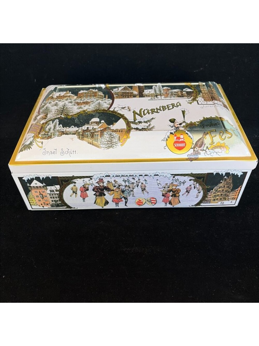 Vintage Lebkuchen Schmidt Nuremberg German Frohes Fest Cookie Tin Box 10.5"